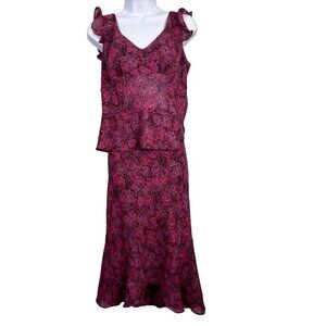 Express Dress Set Womens S Plum Floral Rose 2‎ Piece Peplum Ruffle Midi Skirt